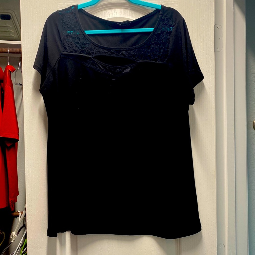 Adele & May black blouse with lace keyhole detail